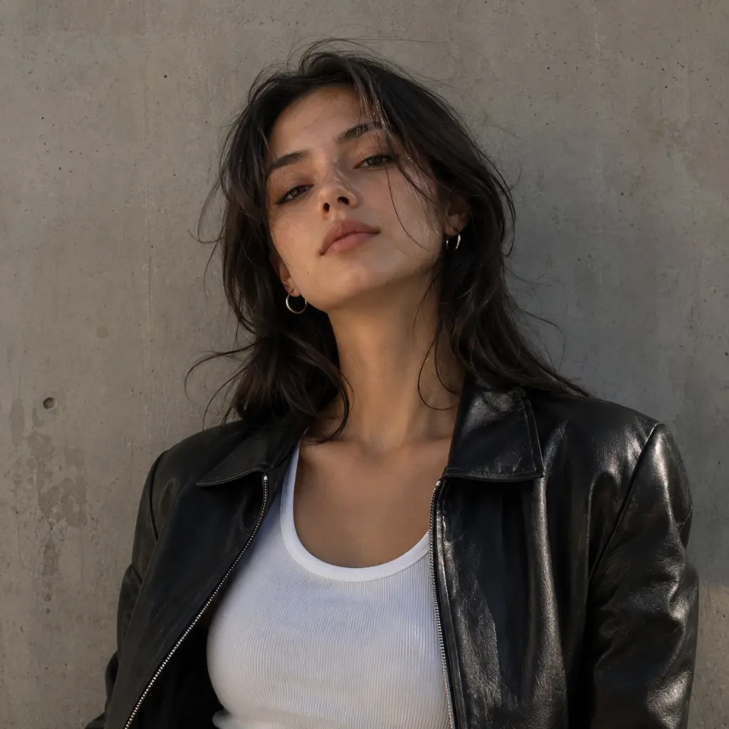 Cool Girl Leather DP - gen z aesthetic dp for instagram with black leather jacket portrait | BiosStyle HD Instagram DP