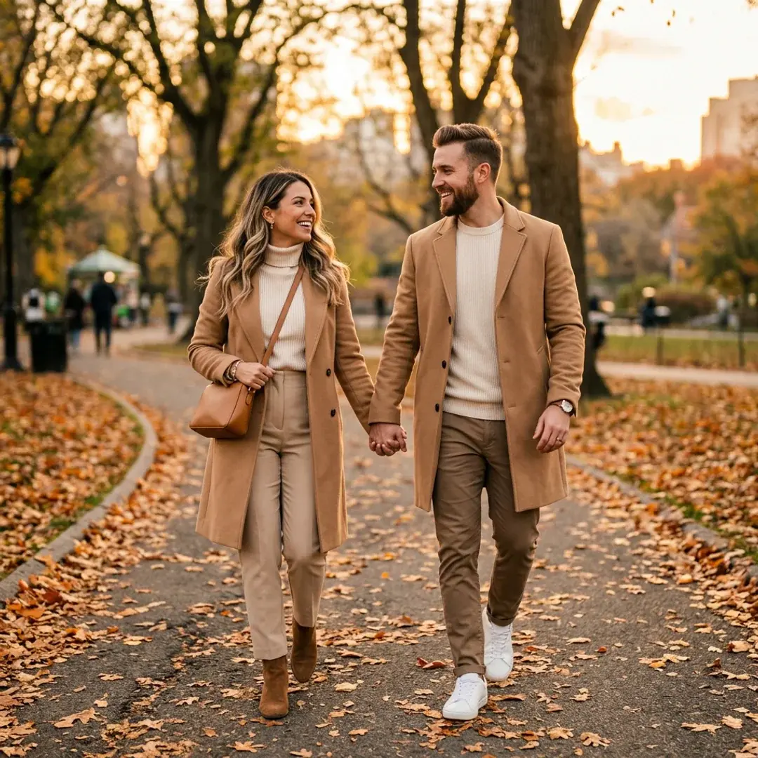 Matching Outfits Couple Camel Coats — HD couple DP for Instagram romantic matching profile picture