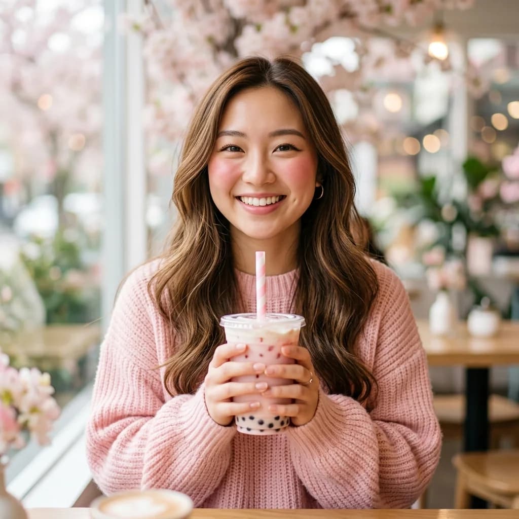 Pastel Strawberry Boba DP - Instagram cute DP with pastel strawberry boba sweet aesthetic portrait | BiosStyle HD Instagram DP