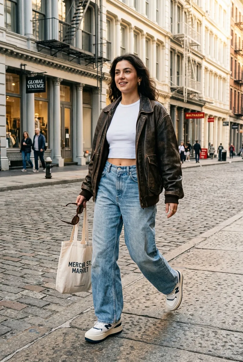 Baggy jeans outfit aesthetic wide leg denim jeans leather bomber jacket street style DP