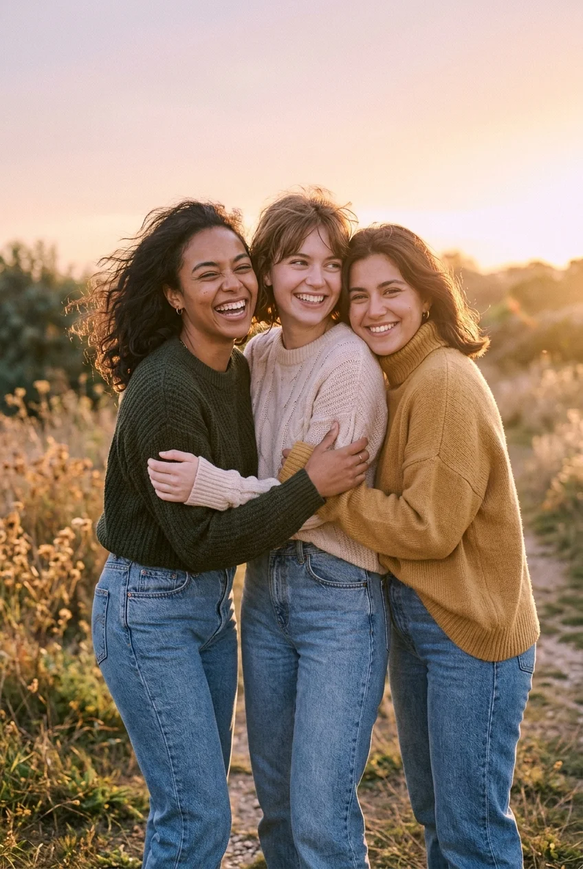 Trending best friends photos cozy group hug golden hour friendship aesthetic DP