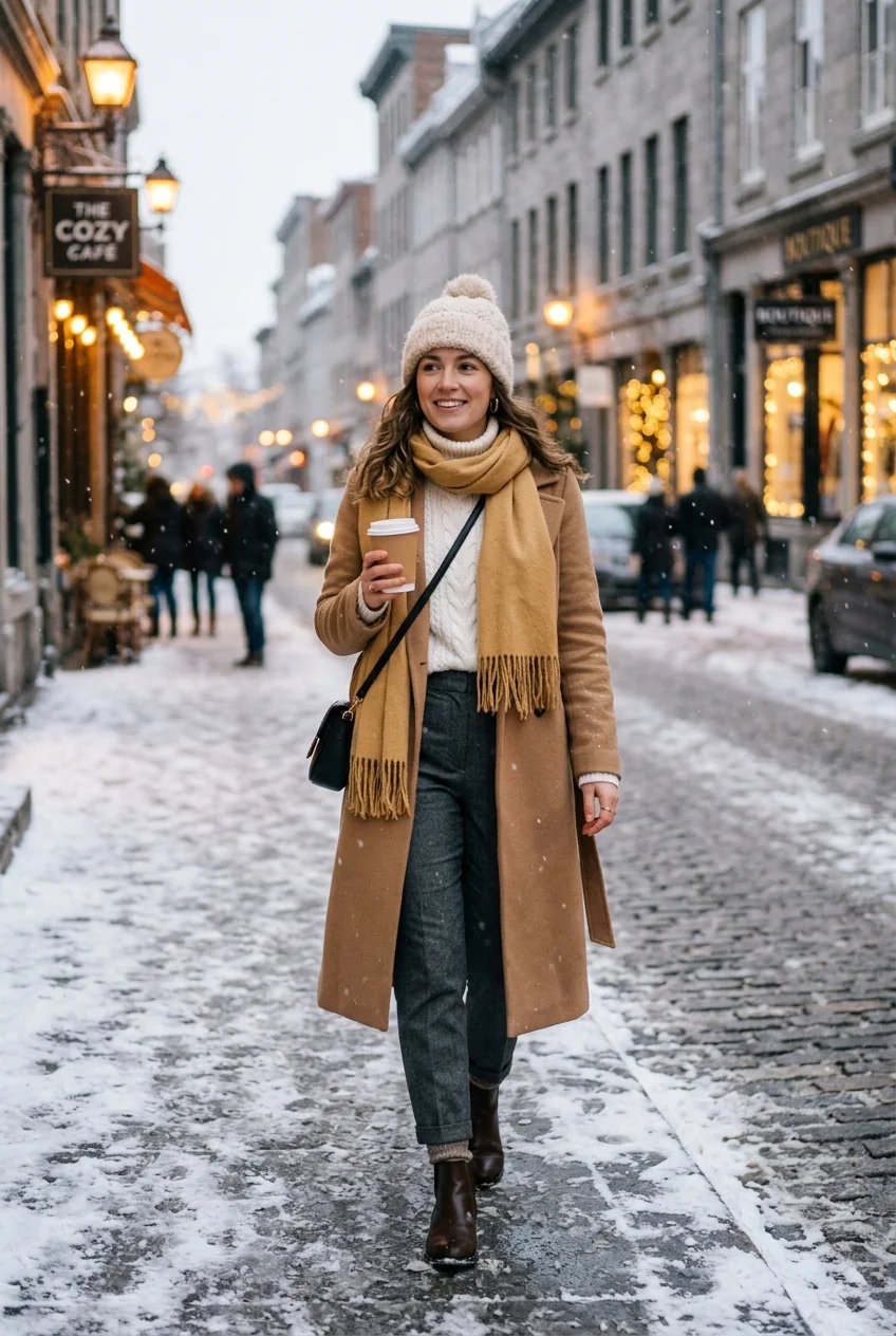 Cute winter outfits ideas cozy cream turtleneck sweater camel wool coat snowfall aesthetic DP