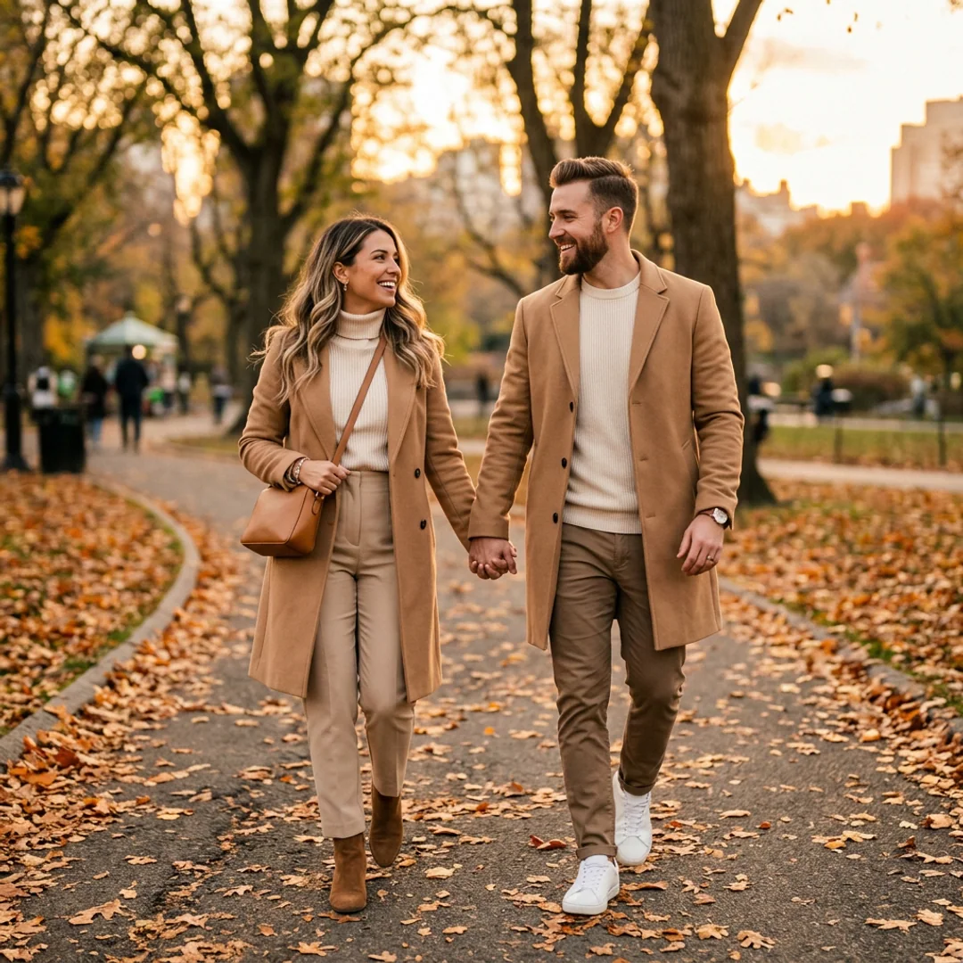 Trending matching outfits for couples aesthetic camel trench coats fall date Instagram DP