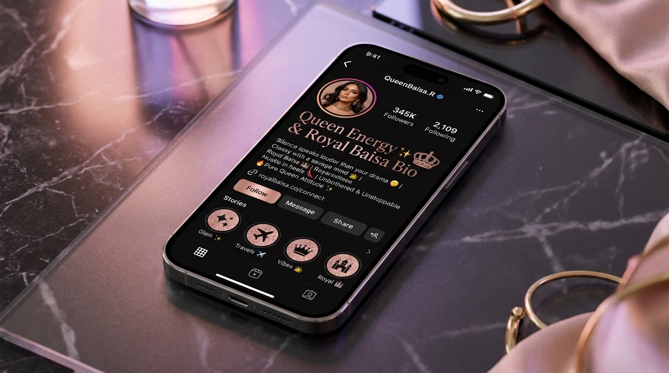 Royal Baisa and baddie attitude bio for Instagram girls with luxury typography