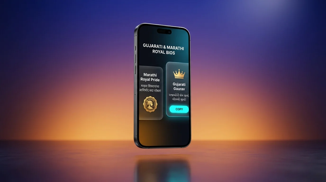 Gujarati and Marathi Instagram bio showcase on smartphone screen with royal status quotes