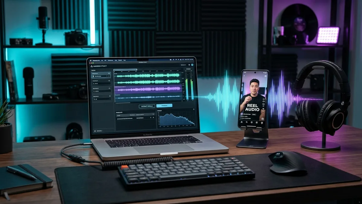 Creator audio workstation with laptop showing waveform and smartphone playing Instagram Reel