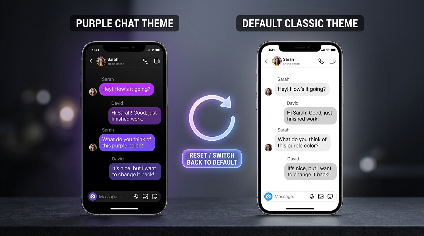 Comparison of Instagram purple text bubble theme versus default chat theme with reset instructions