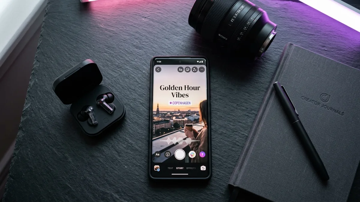 Aesthetic creator workspace showing smartphone with Instagram Story editor and music audio waveforms