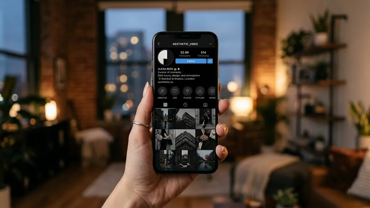 Aesthetic Instagram profile mockup displaying VIP crown badge and ASCII border copypasta on smartphone