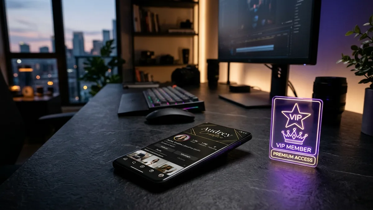 Luxury VIP Instagram profile concept on smartphone with glowing neon star and crown symbols