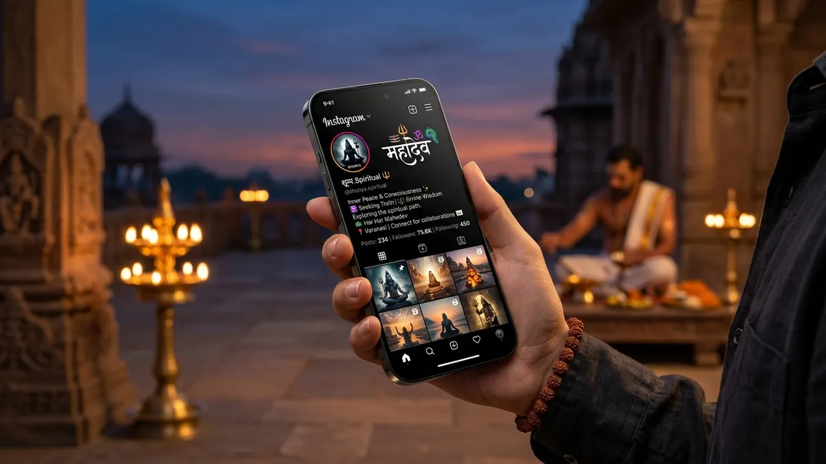 Spiritual Instagram bio showcase with Mahadev and Krishna quotes on smartphone screen
