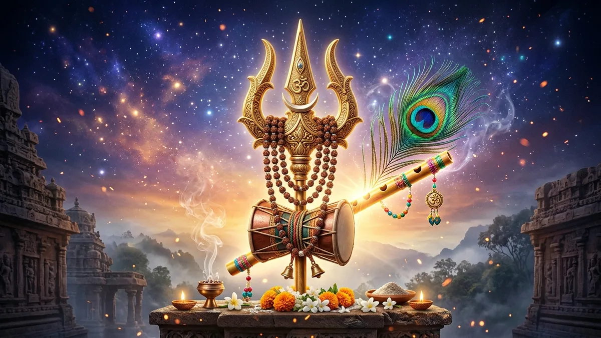 Spiritual Instagram bio collection featuring Mahadev Trishul, Damru, and Shri Krishna flute with peacock feather
