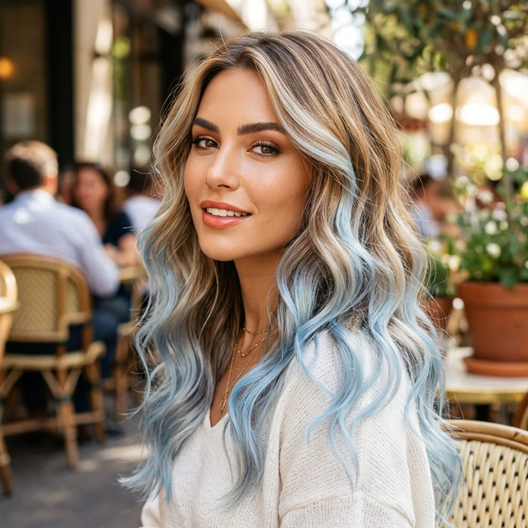 Trendy hair colors sun-kissed balayage with pastel blue ombre highlights aesthetic girls DP for Instagram