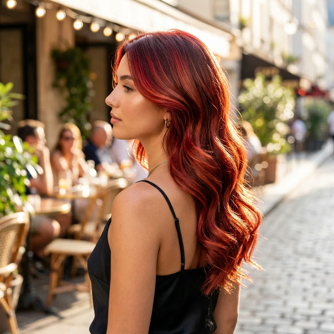 Trendy hair colors vivid red balayage with high-gloss shine aesthetic girls DP for Instagram