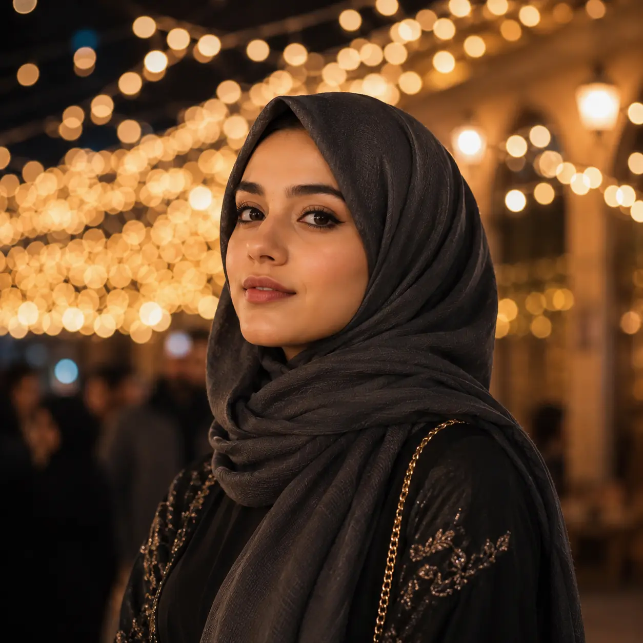 Golden Night Hijab DP — instagram hijab dp with fairy light bokeh aesthetic