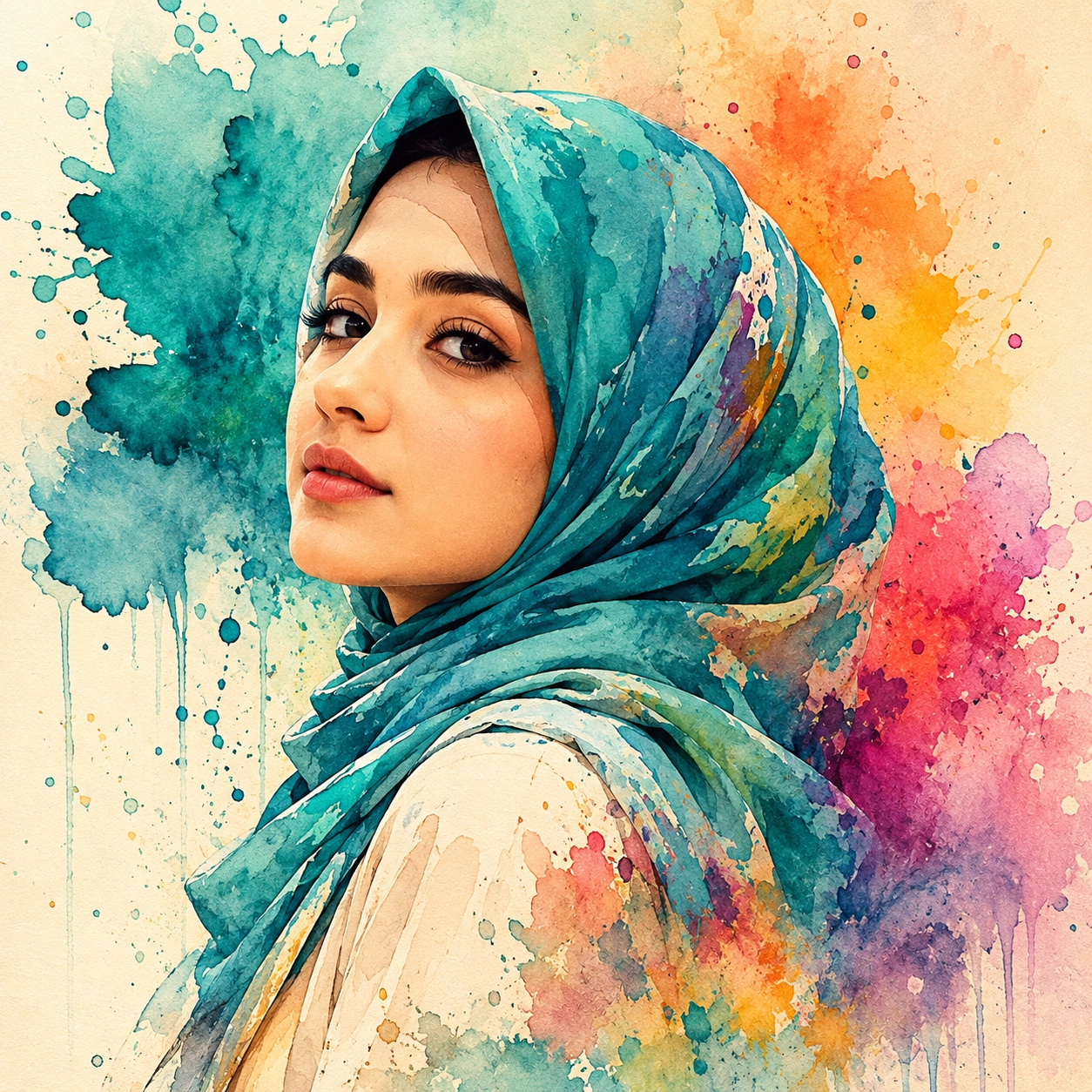 Watercolor Muse Hijab DP — artistic instagram hijab dp with watercolor effect